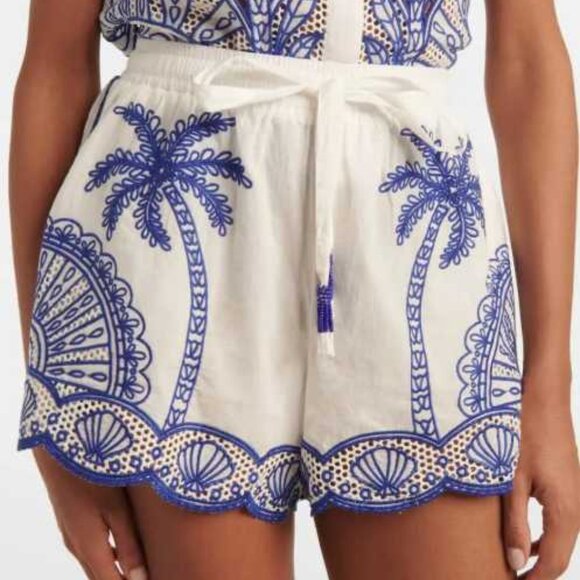 New M Farm Rio x Anthropologie Palm Trees blue white linen Richelieu shorts